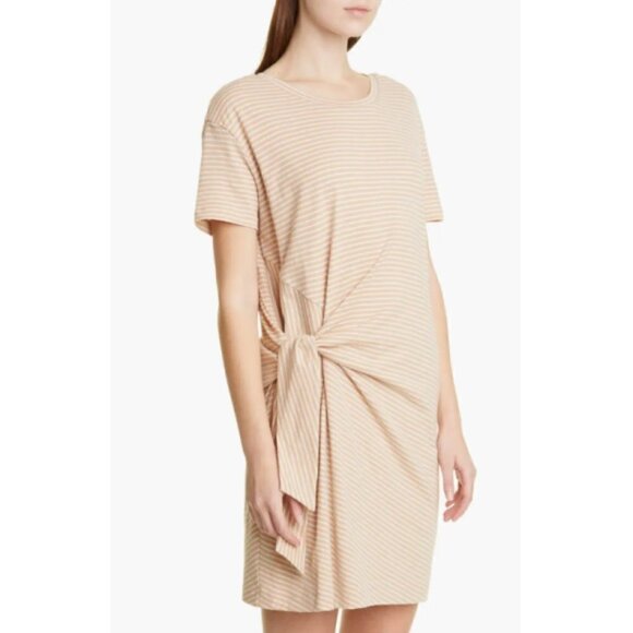 Vince Striped Side-Tie Short-Sleeve Tee Shirt Dress, Brittle/Off-White - Picture 2 of 4